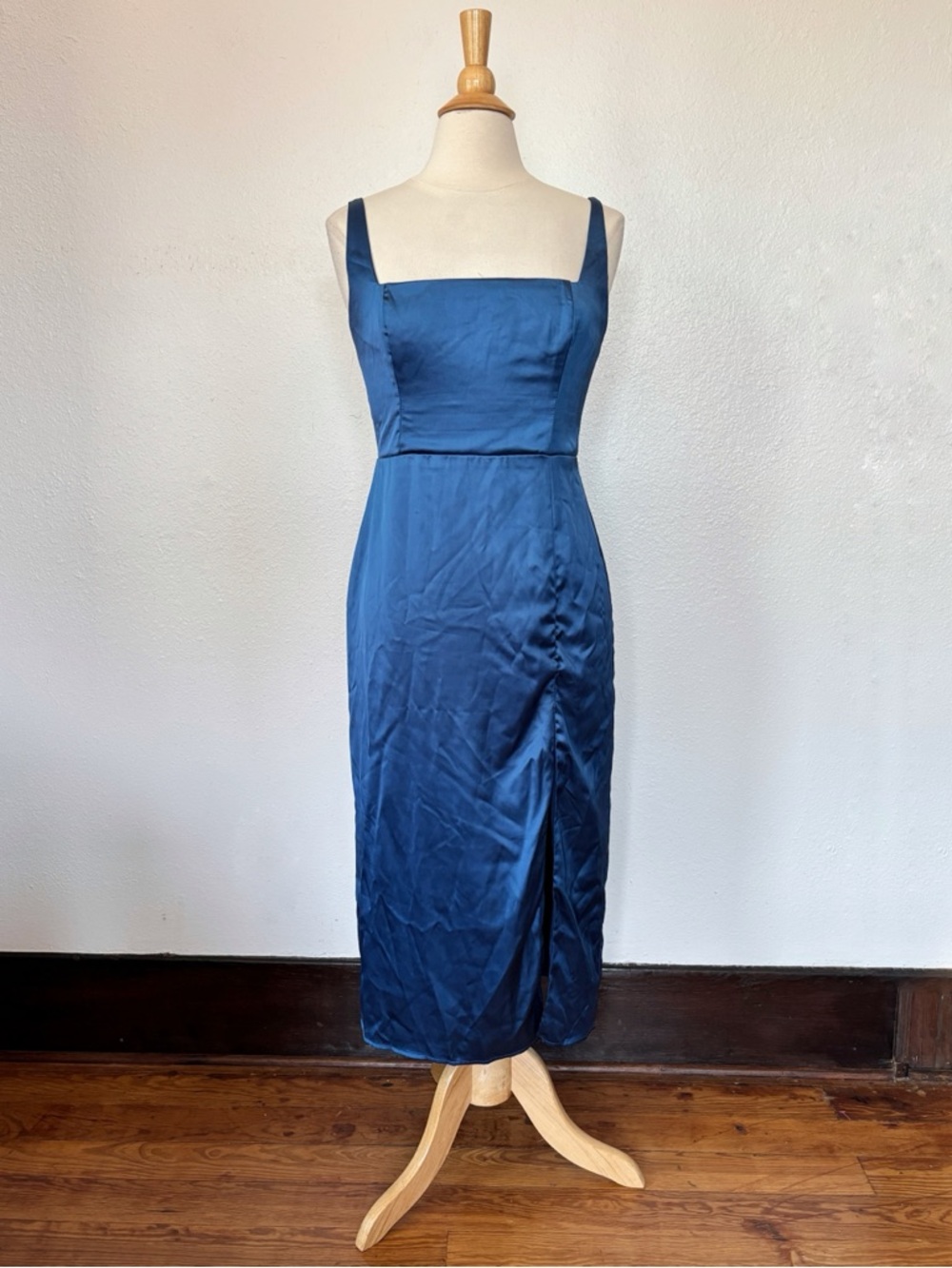 Lulu's Deep Blue Satin Square-Neck Midi Dress